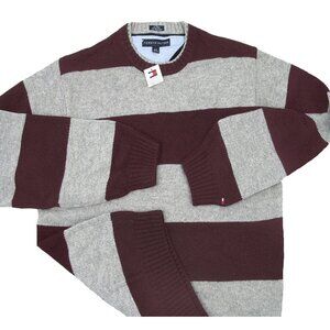 NEW Tommy Hilfiger Lambswool Sweater! M Maroon & Gray Stripe Tommy Flag  Heavier